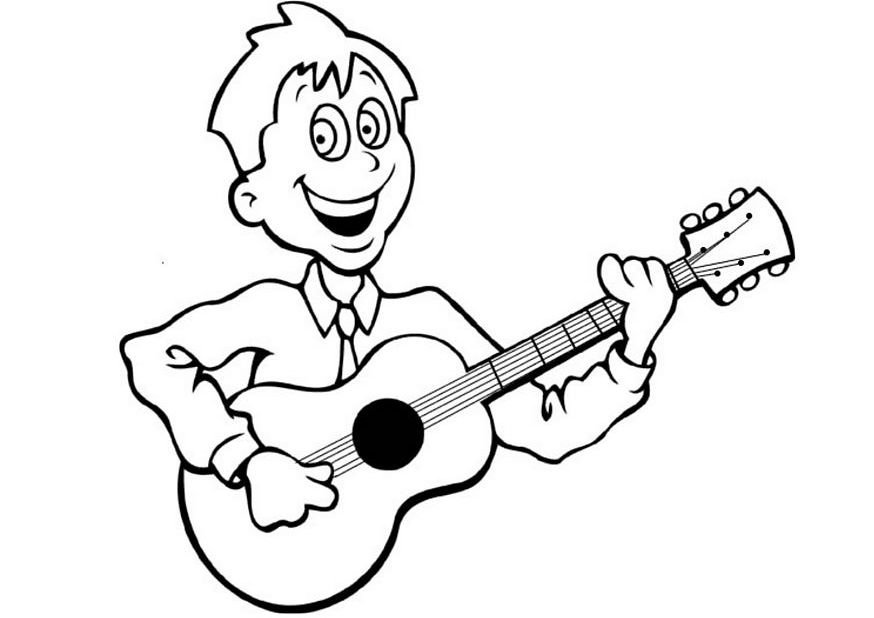 He can play guitar. Музыкальные раскраски для детей. Музыкант рисунок. Гитара раскраска для детей. Мультяшные музыканты.