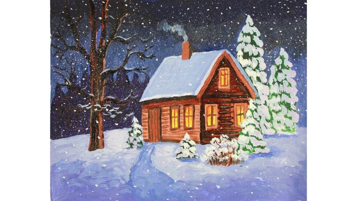 Зимний пейзаж с домиком гуашью