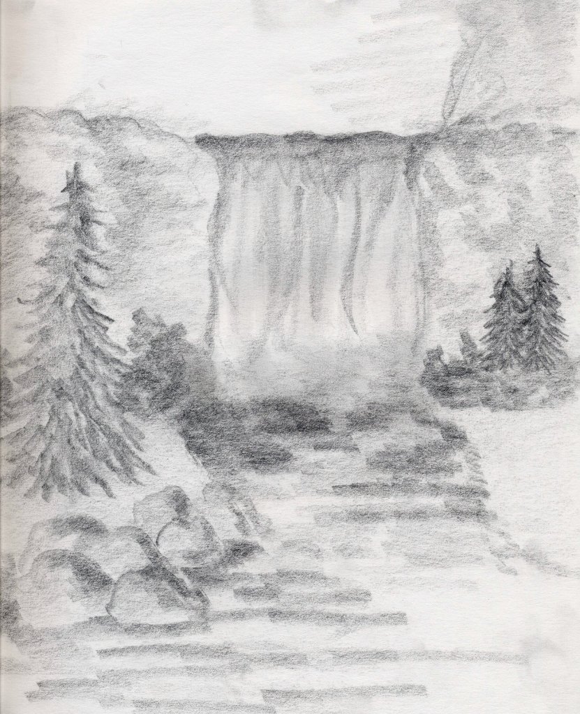 Как нарисовать водопад карандашом поэтапно для начинающих
