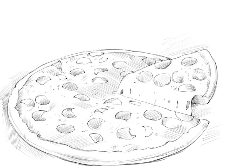 Еда карандашом легко. Поэтапное рисование пиццы. Пицца карандашом. Рисунок пиццы для срисовки карандашом. Пицца рисунок.