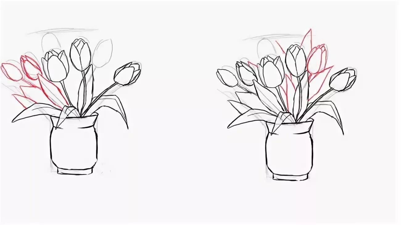 Букеты рисовать поэтапно. Поэтапное рисование букета цветов в вазе. Рисование вазы с цветами. Ваза с цветами рисунок карандашом. Тюльпаны в вазе карандашом.