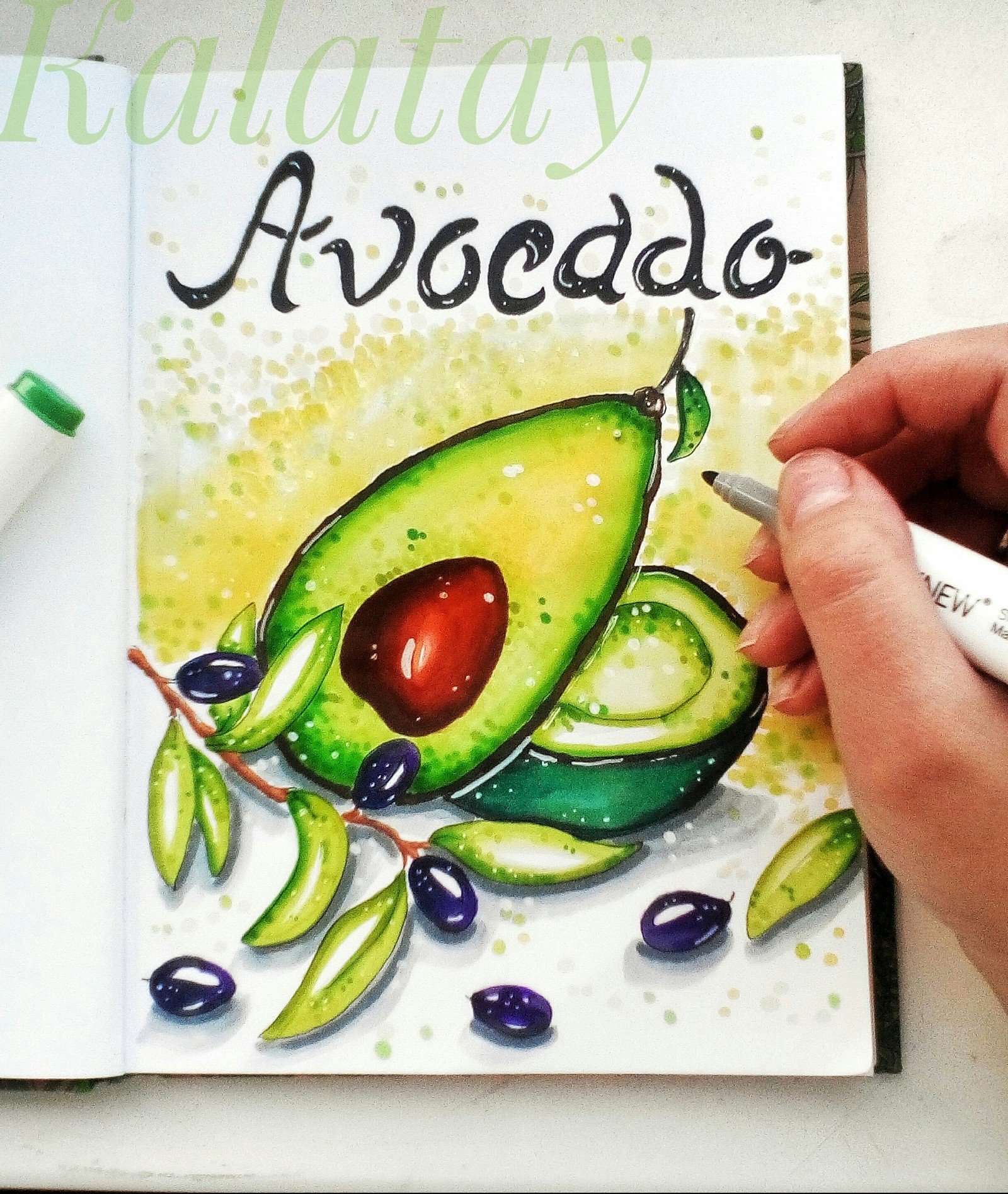 Авокадо в скетчбуке маркерами