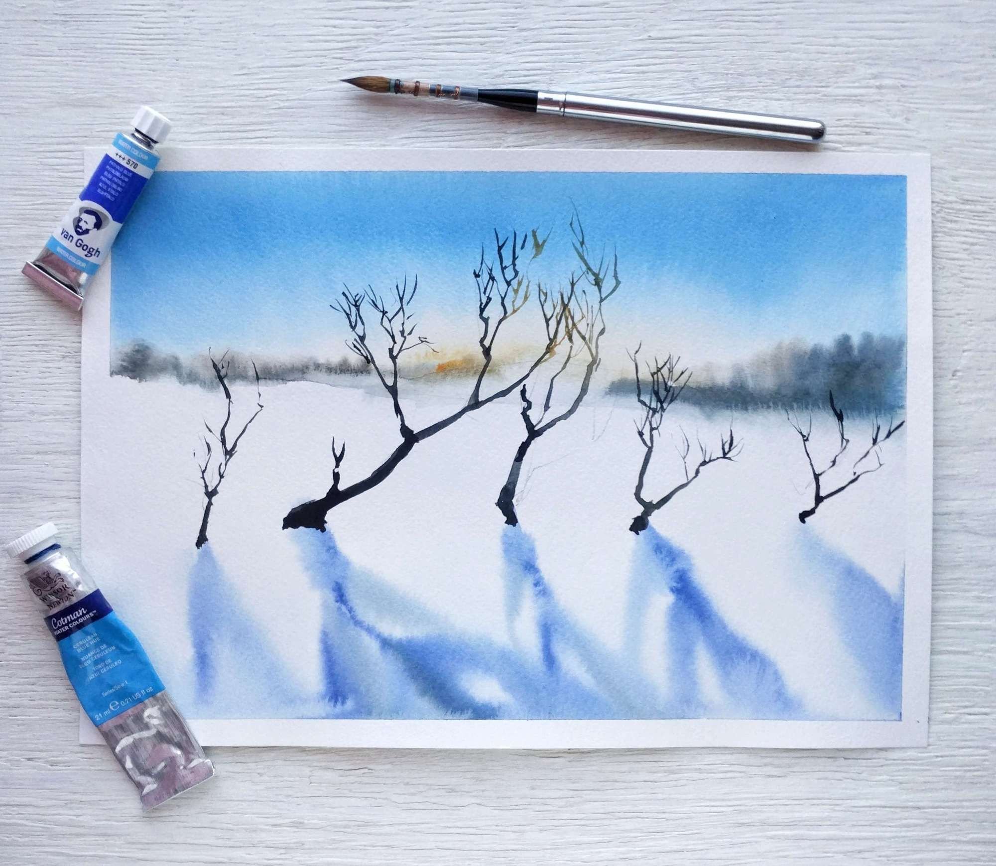 Зимний пейзаж рисунок акварелью