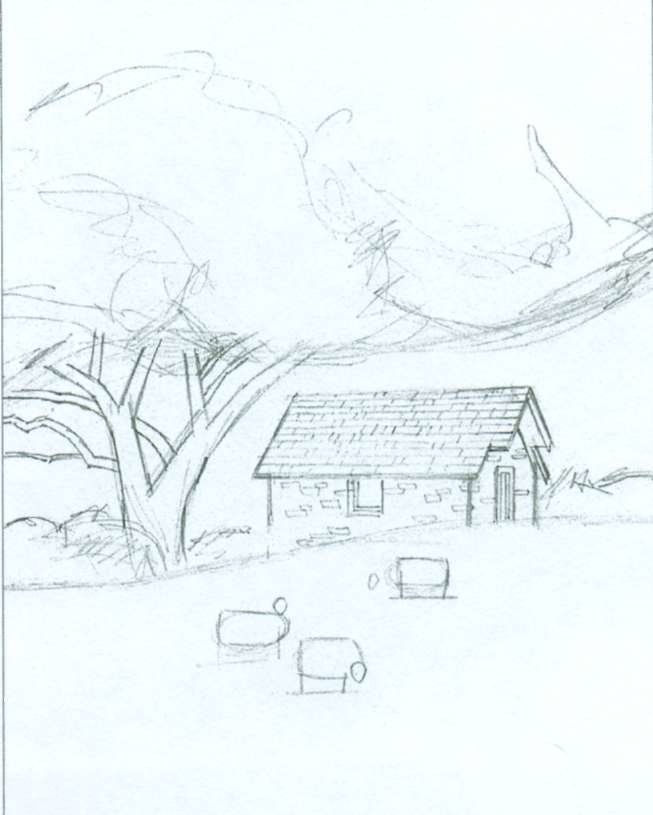Деревенский пейзаж рисунок карандашом 4 класс