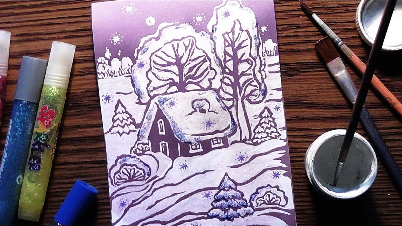 Рисование маркерами зимнего леса