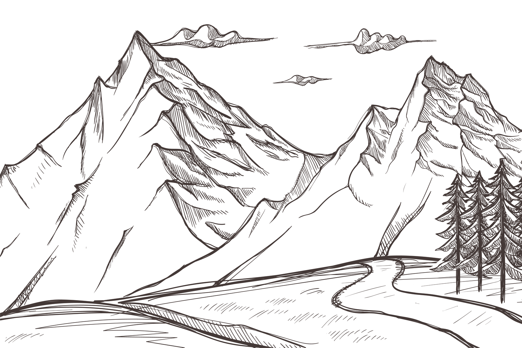 Легкие горы персонажи. Горы Гималаи раскраска. Горы карандашом. Пейзаж гор карандашом. Горный пейзаж викарандаше.