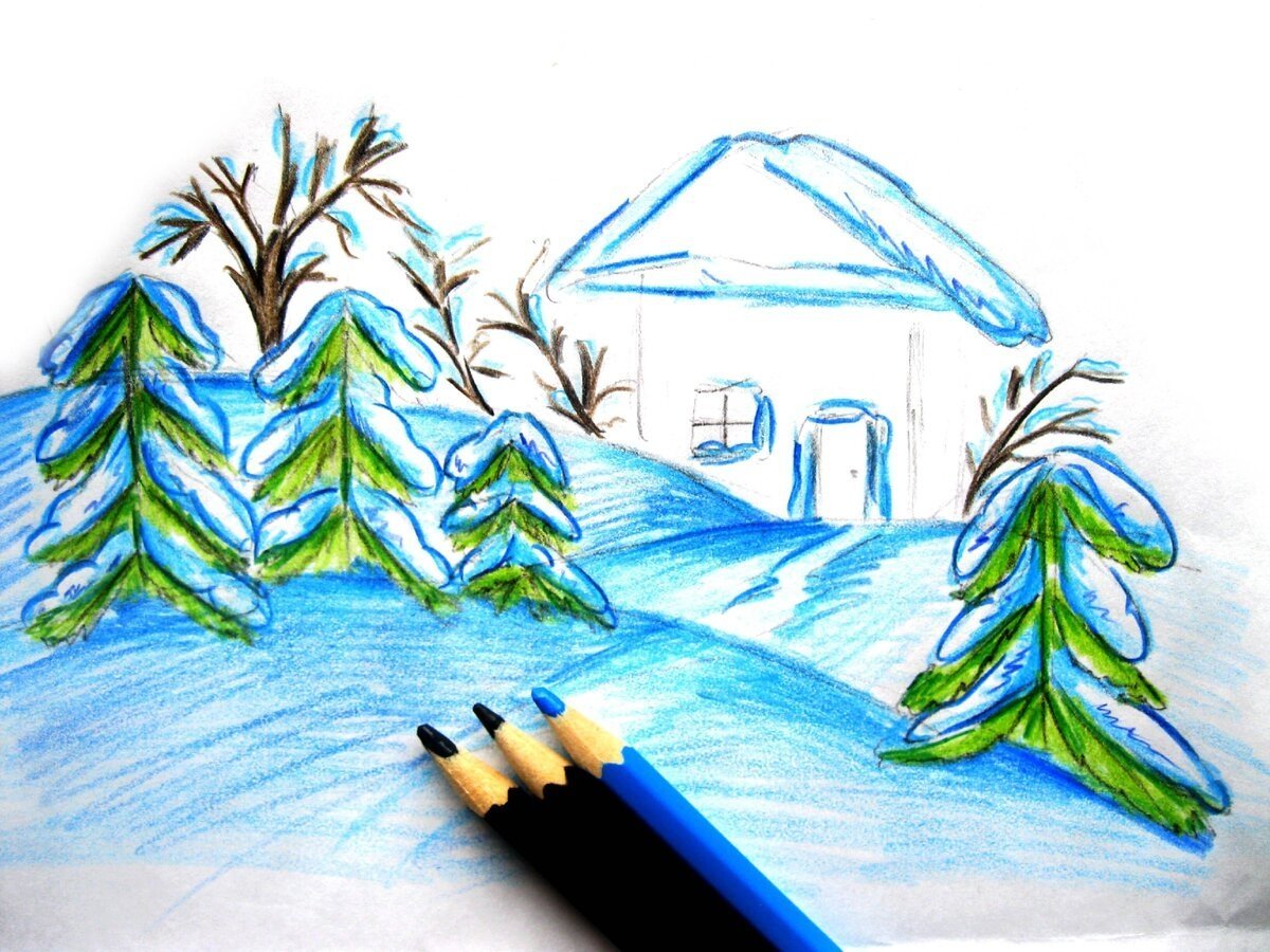 Зимние рисунки цветными карандашами