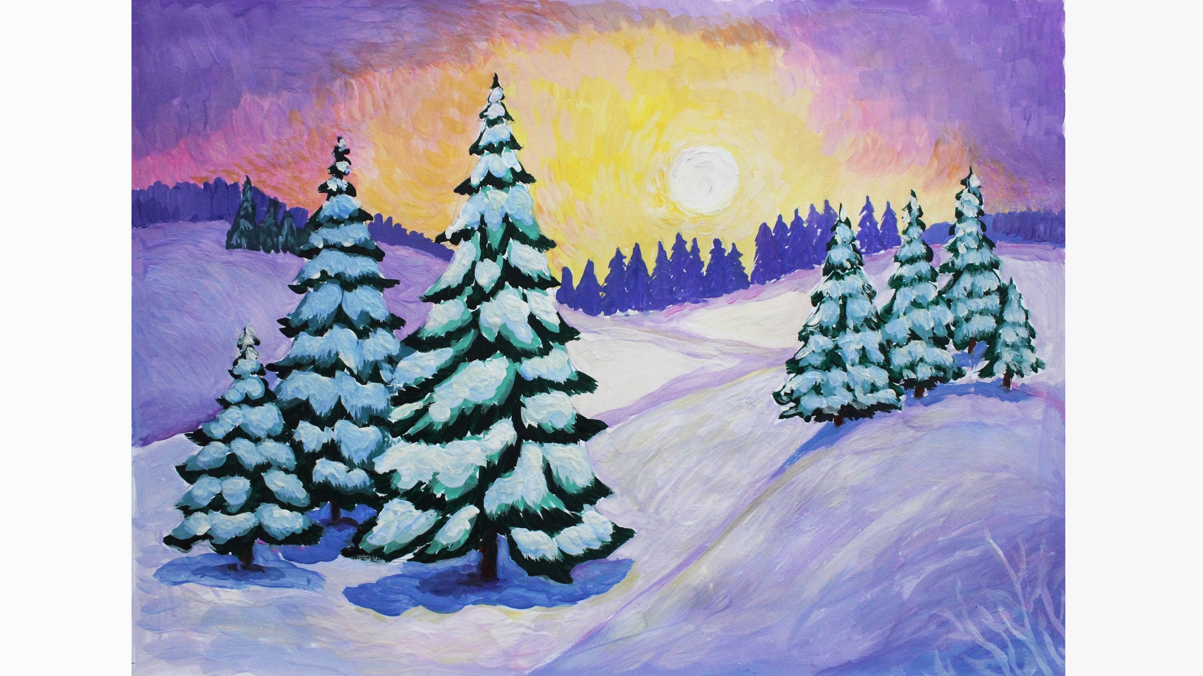 Зимний пейзаж красками для детей