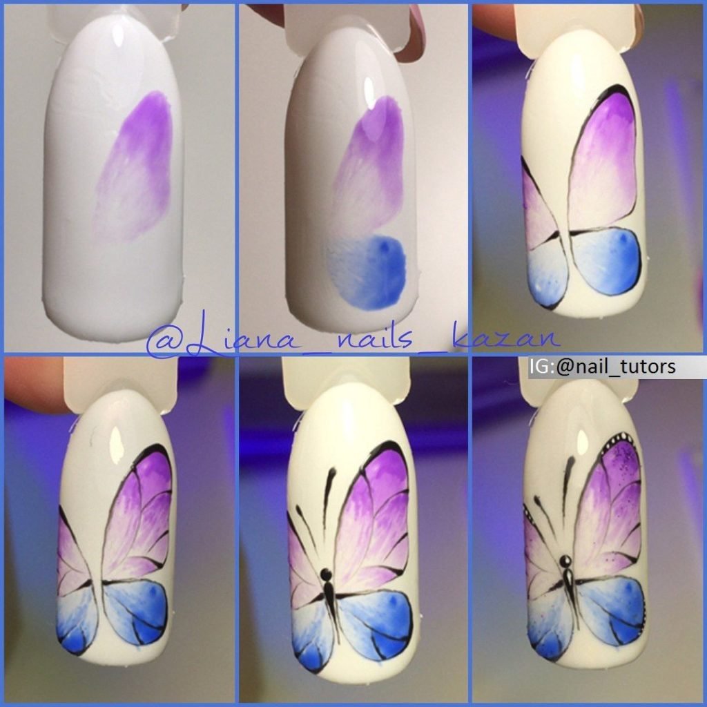 Рисование бабочки на ногтях пошагово