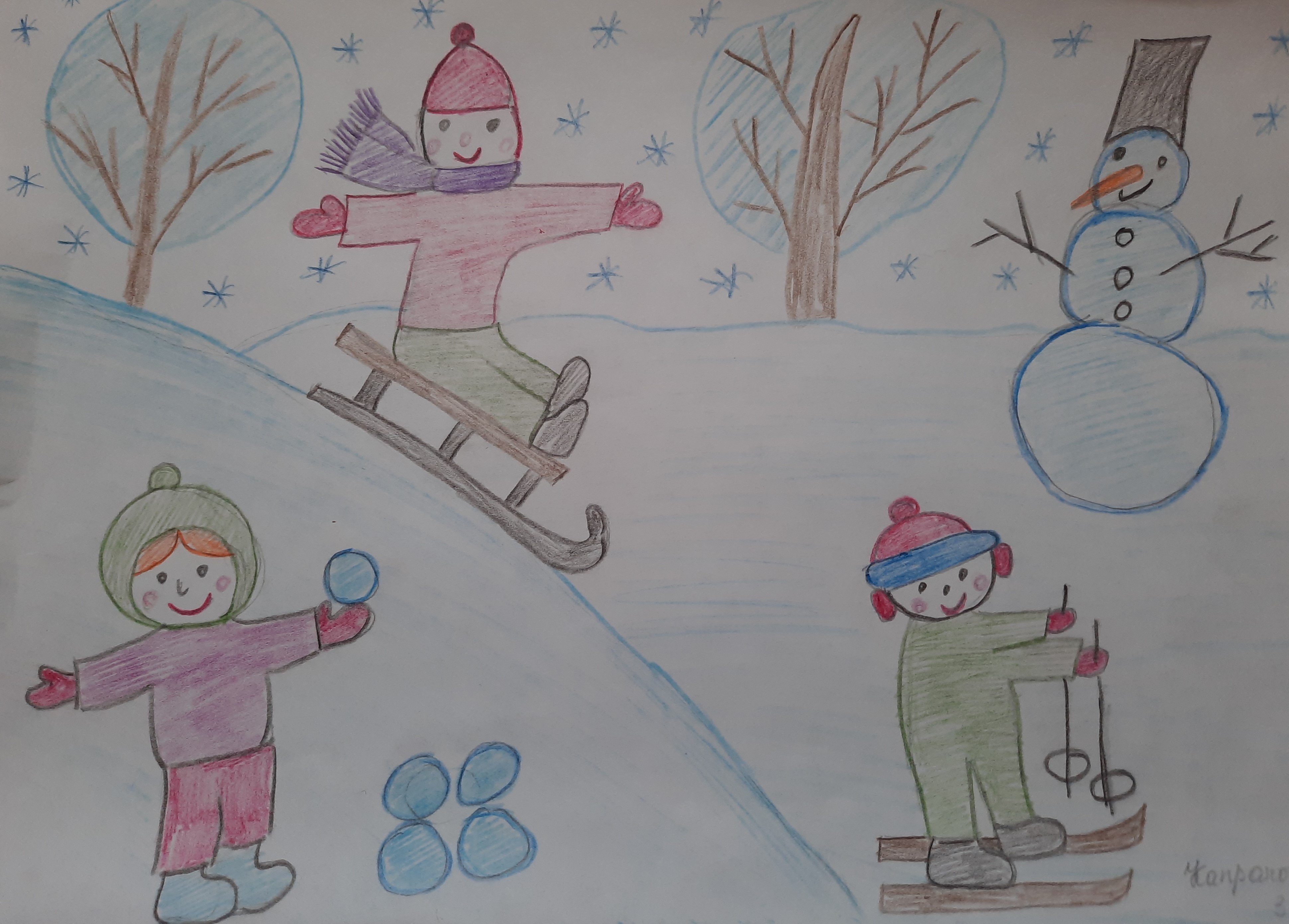 Зимние забавы рисунок для детей 3 класса