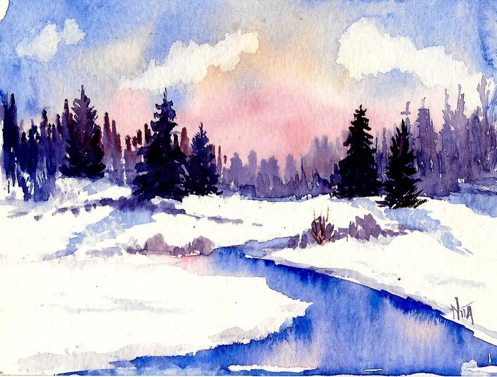 Акварель зима пейзаж