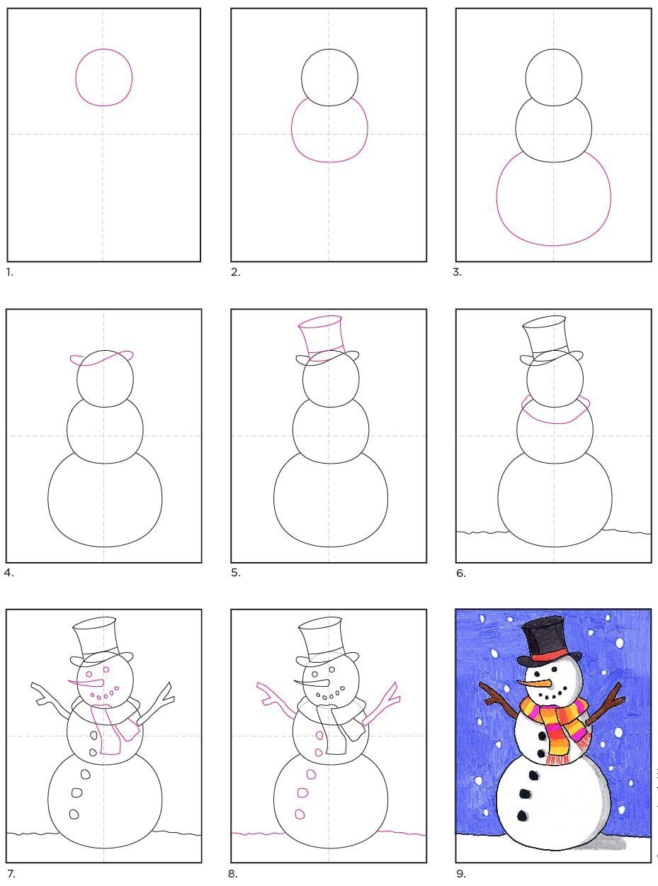 Рисование снеговика по этапно