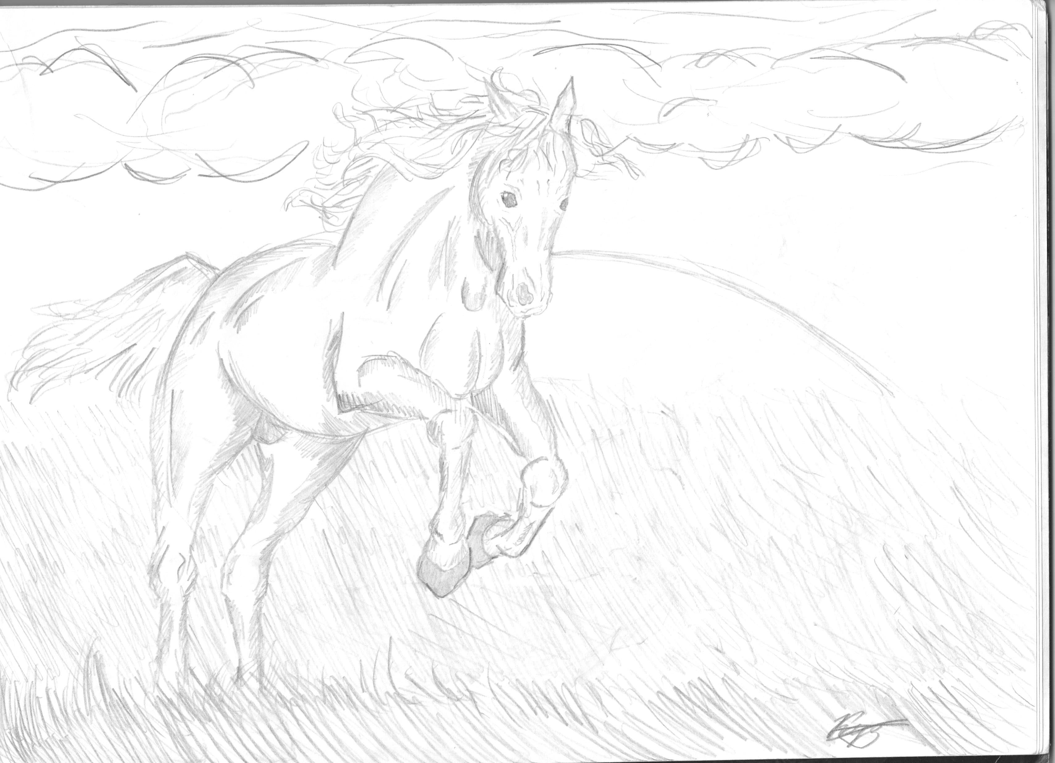 Пейзаж с лошадьми карандашом