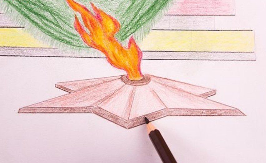 Рисунок вечного огня карандашом для срисовки. Вечный огонь сбоку рисунок. Поэтапное рисование вечного огня. Рисунок ко Дню Победы. Вечный огонь рисунок детский.