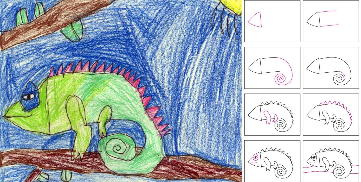 Хамелеон пошаговое рисование для детей