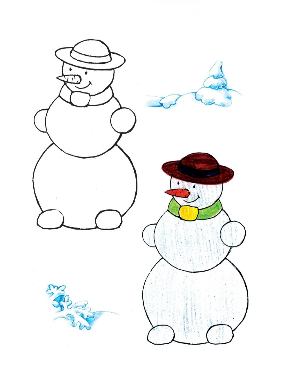 Снеговик рисунок карандашом поэтапно