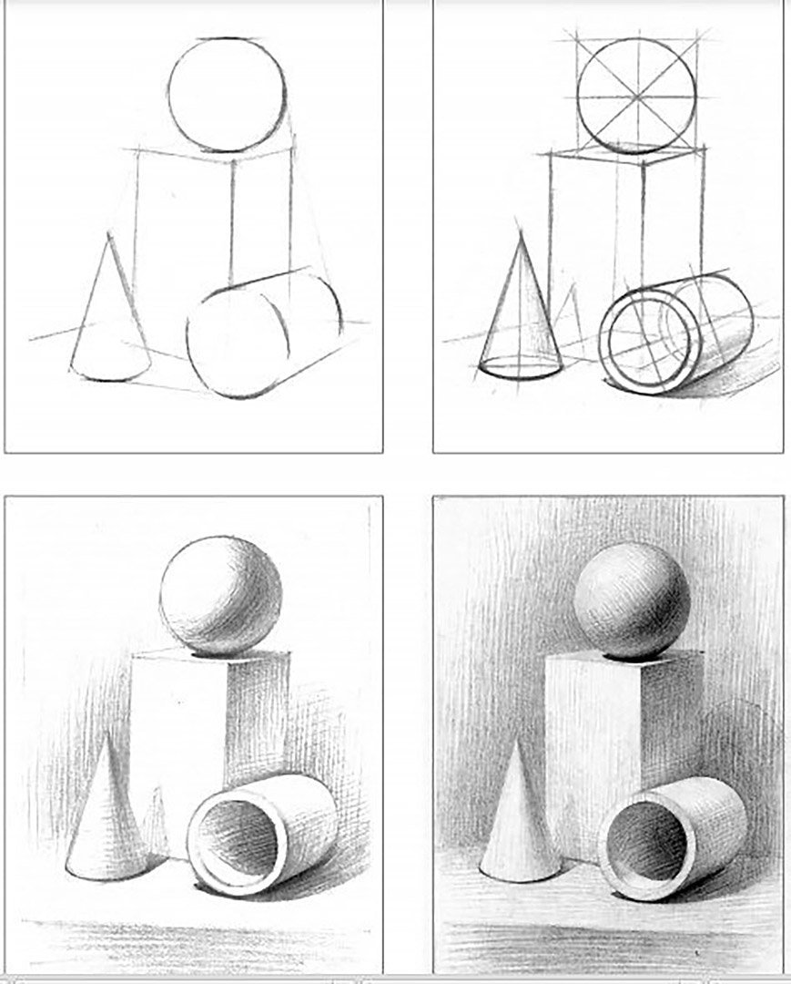 Этапы рисования натюрморта из геометрических тел