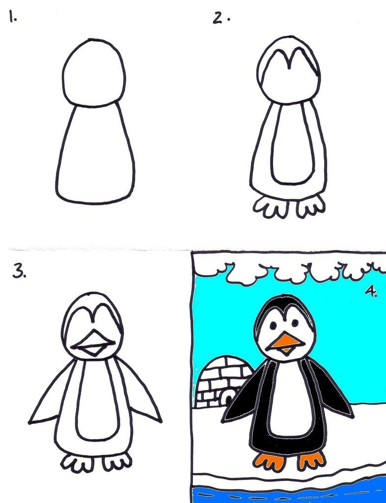 Поэтапное рисование пингвина для дошкольников
