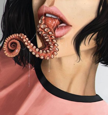 Девушка с осьминогом во рту