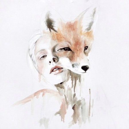 Акварелью девушка c лисой