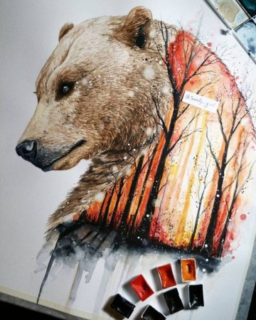 Нарисовать медведя акварелью