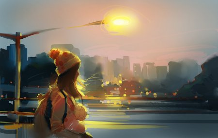 Человек на закате солнца арт