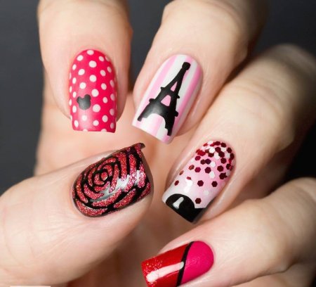 Маникюр красный с Эйфелевой башней