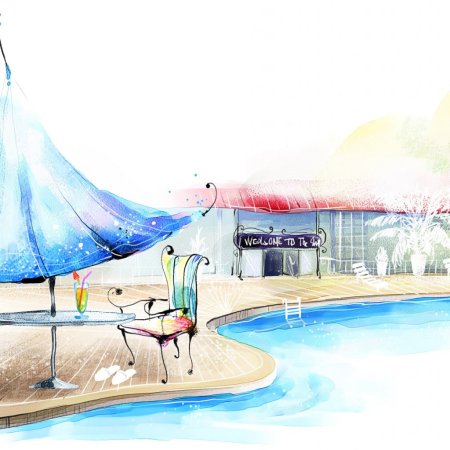 Дом с бассейном арт рисунок