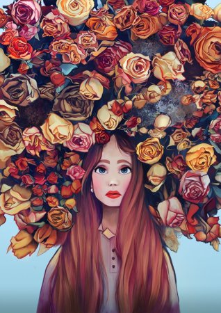 Девушка с цветами в волосах рисунок