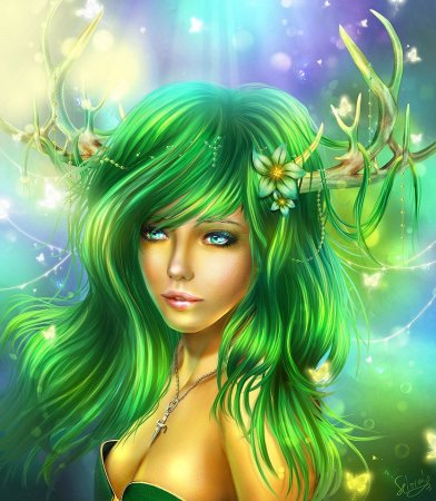 Девушка с зелеными волосами фэнтези