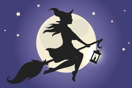 Ведьма на метле на фоне Луны