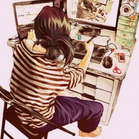 Нарисованная девушка за компьютером