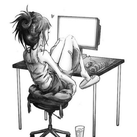 Девушка сидит за компьютером арт