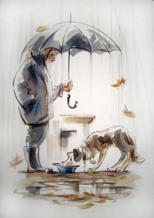 Человек с собакой под дождем