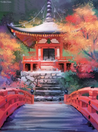 Синтоистский храм в Японии аниме