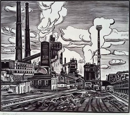 Индустриальный пейзаж линогравюра