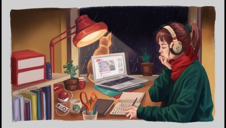 Девушка в наушниках за компом