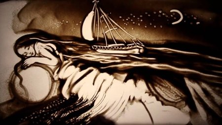 Рисование песком корабля