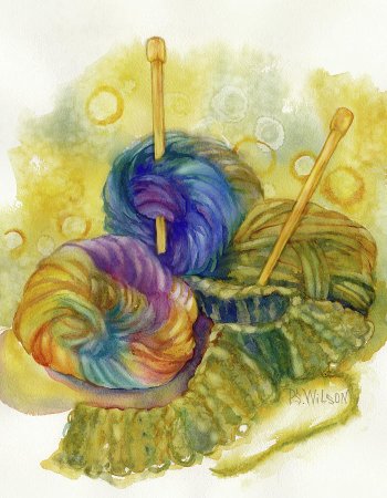 Клубок и спицы акварель
