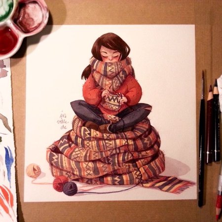 Рисованная девушка вязальщица