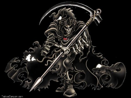 Смерть с косой на черном фоне