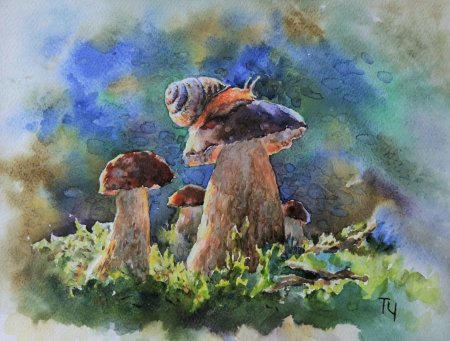 Мухоморы и грибы гуашью