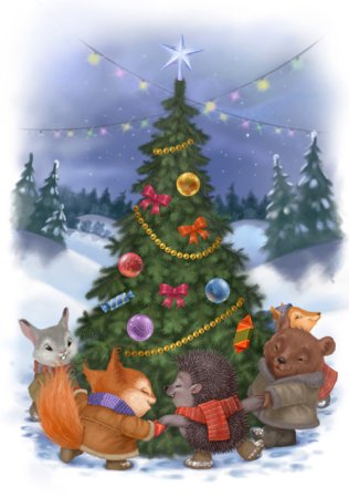 Новогодний лес и зверята