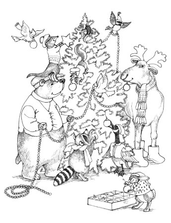 Звери наряжают елку раскраска