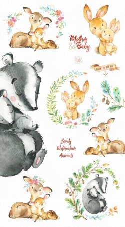 Акварельные животные мама и ребенок