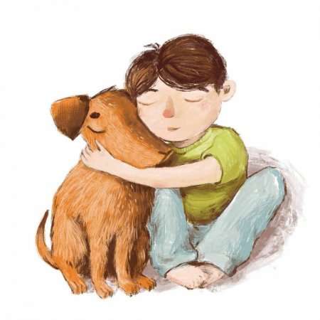 Ребенок обнимает собаку