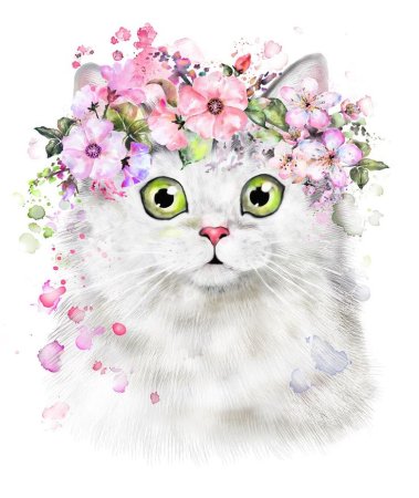 Кошка в цветах акварель
