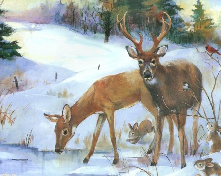 Олень зимой в лесу