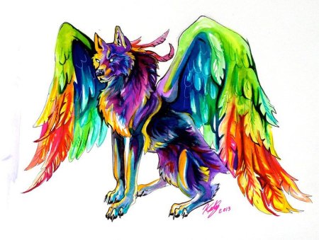 Радужный волк с крыльями