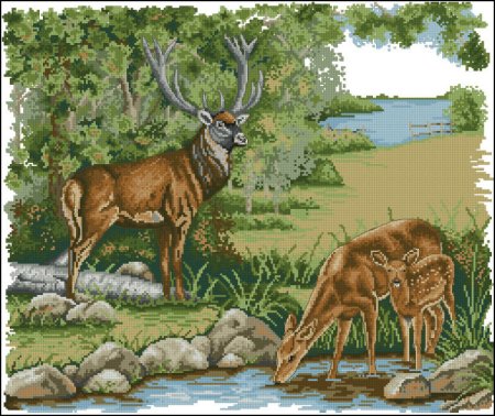 Вышивка крестом олени на водопое